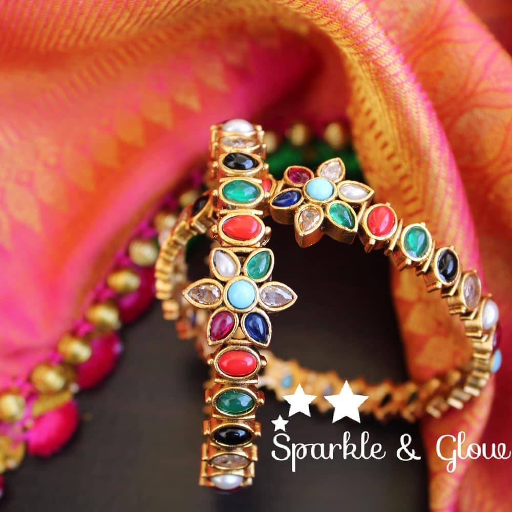 Green kemp stones press type bangles -2.4 - Sparkle and Glow
