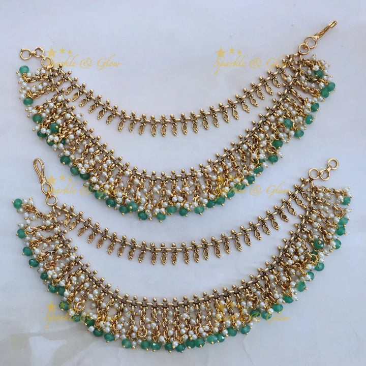 Luxurious Pearl & Green Beaded Earchain for Weddings