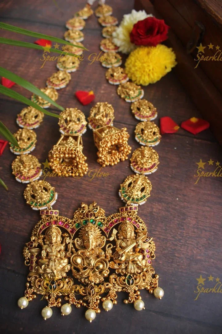 Gold alike Silver replica Lakshmi Ganesha Saraswathi long haram - Multi - Sparkle and Glow