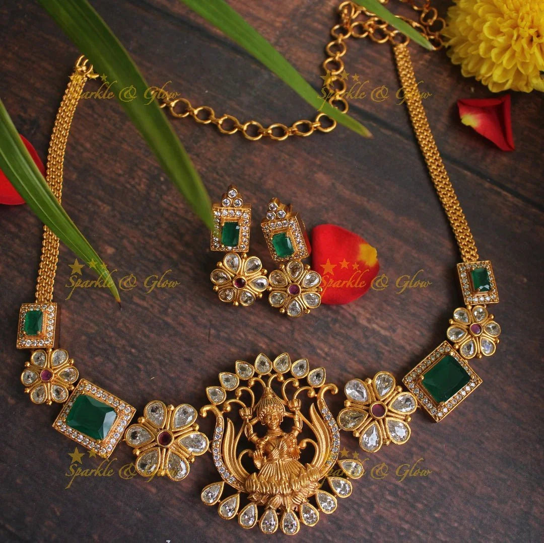 Premium matte stone Lakshmi Necklace - Green - Sparkle and Glow