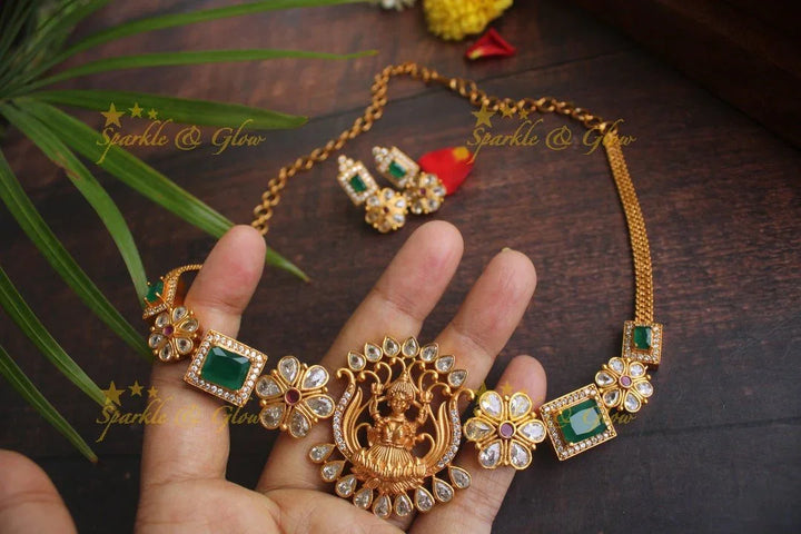 Premium matte stone Lakshmi Necklace - Green - Sparkle and Glow