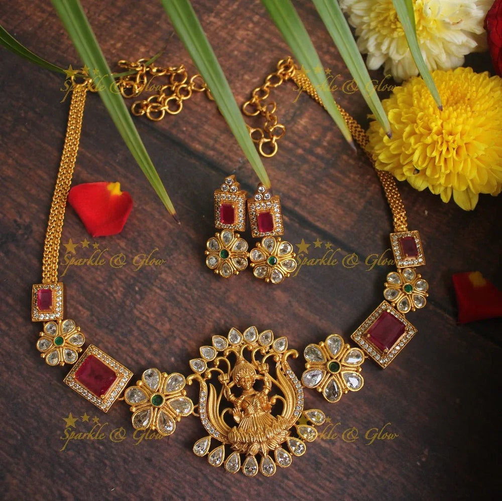 Premium matte stone Lakshmi Necklace - Green - Sparkle and Glow