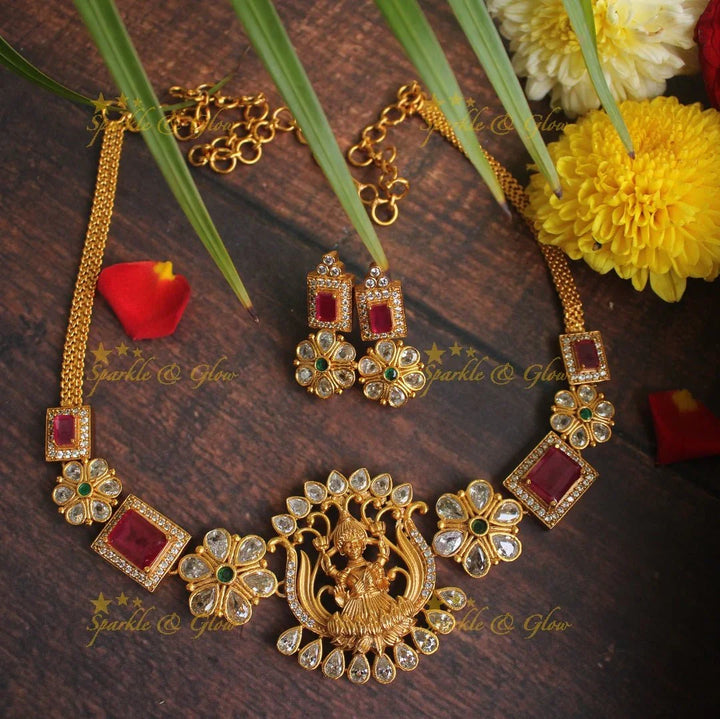 Premium matte stone Lakshmi Necklace - Green - Sparkle and Glow