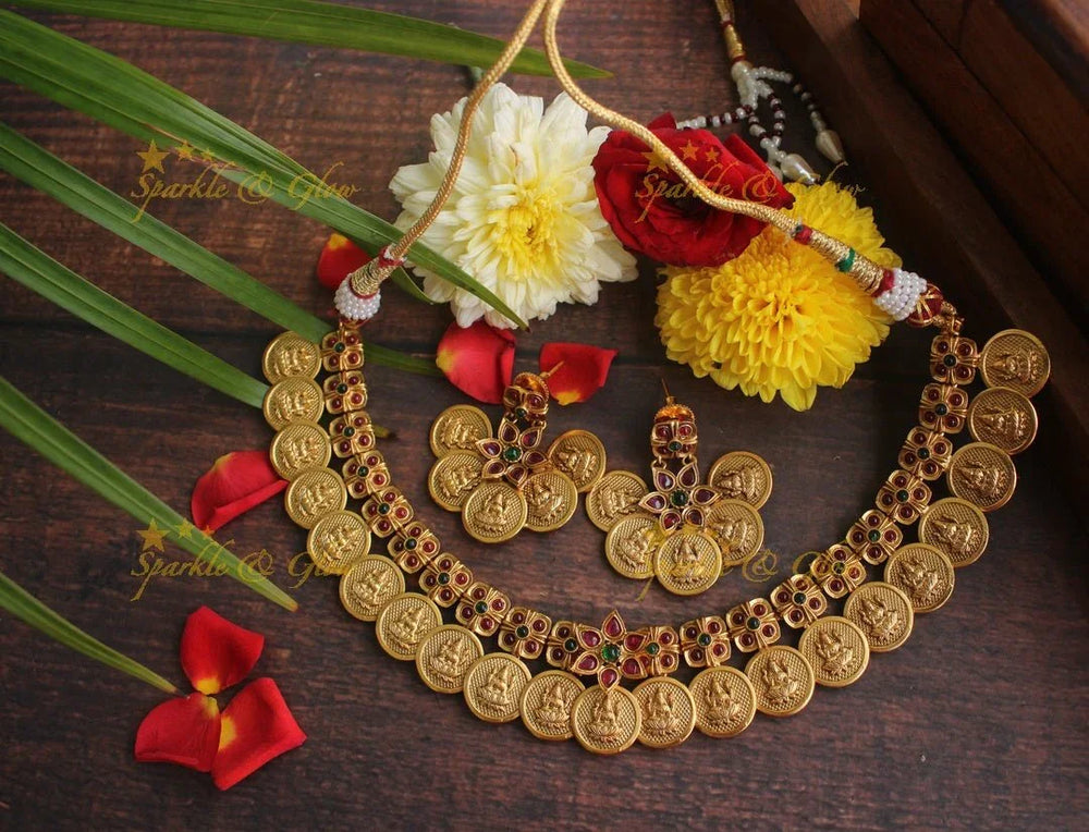 Premium matte Lakshmi coin necklace - Pearl - Sparkle and Glow