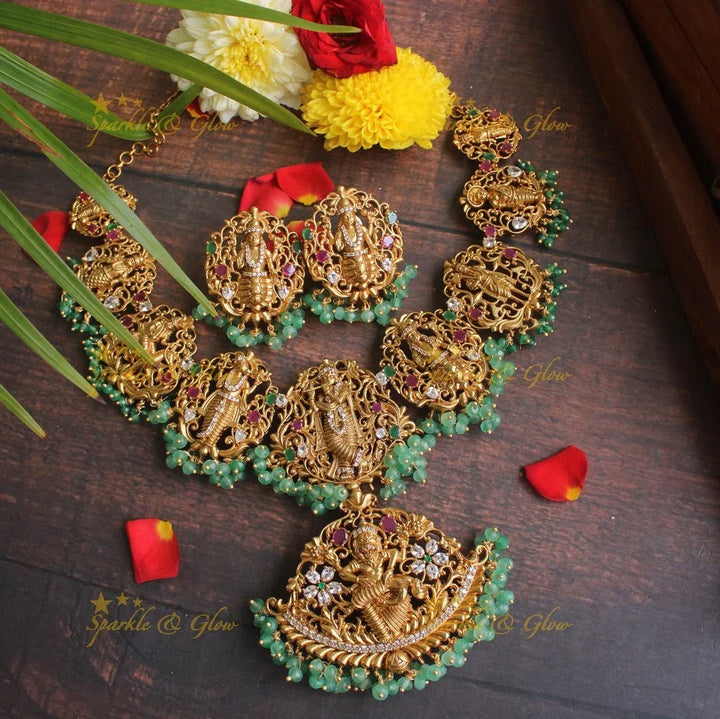 Gold alike polished Dashavathara neckalce set with green beads - Sparkle and Glow