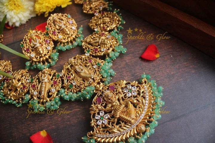 Gold alike polished Dashavathara neckalce set with green beads - Sparkle and Glow