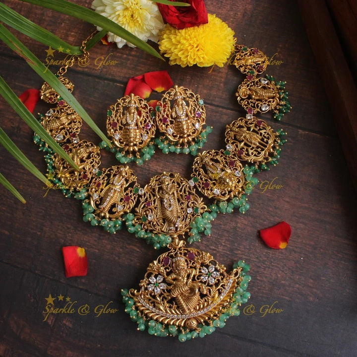 Gold alike polished Dashavathara neckalce set with green beads - Sparkle and Glow