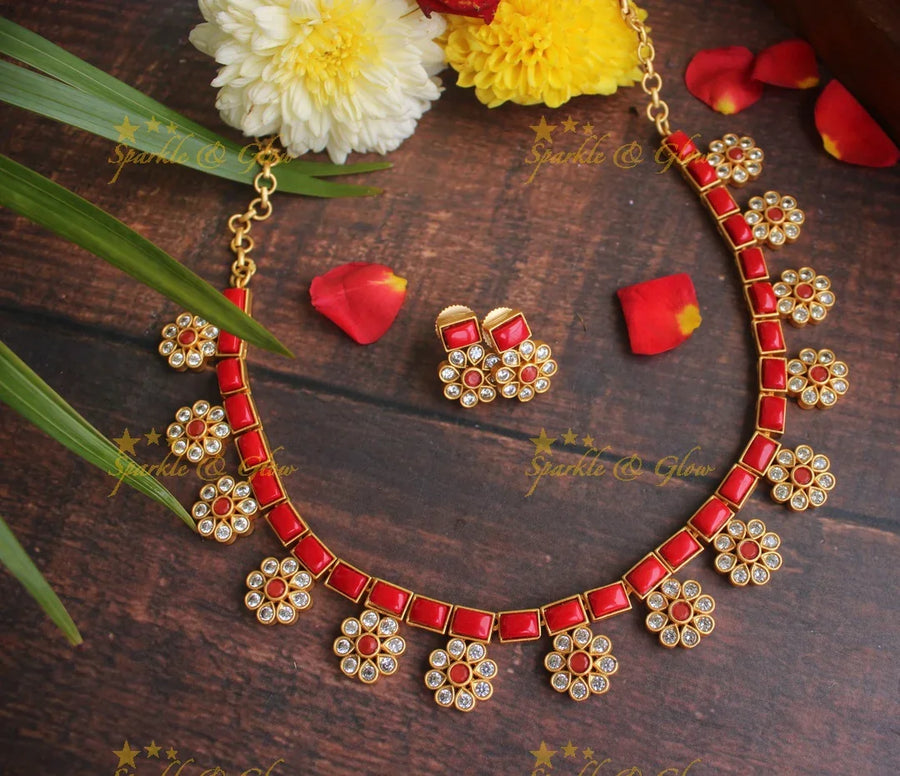 Premium Matte stone floral necklace - Coral - Sparkle and Glow
