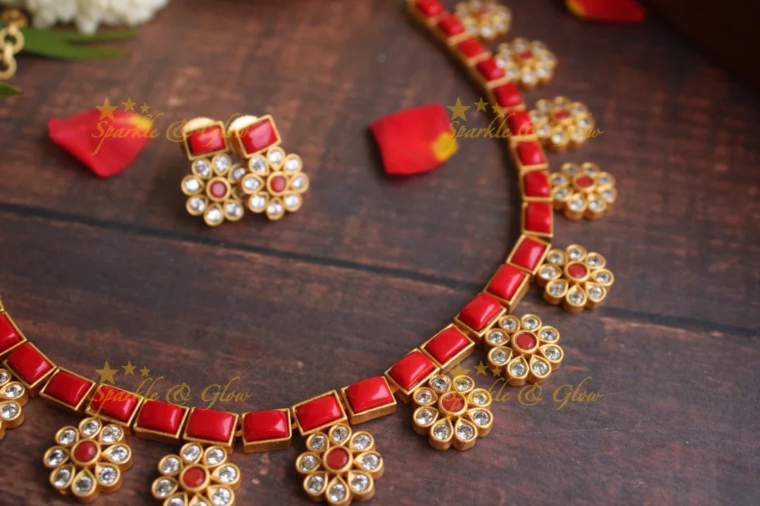 Premium Matte stone floral necklace - Coral - Sparkle and Glow