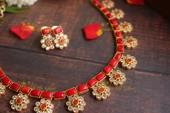 Premium Matte stone floral necklace - Coral - Sparkle and Glow