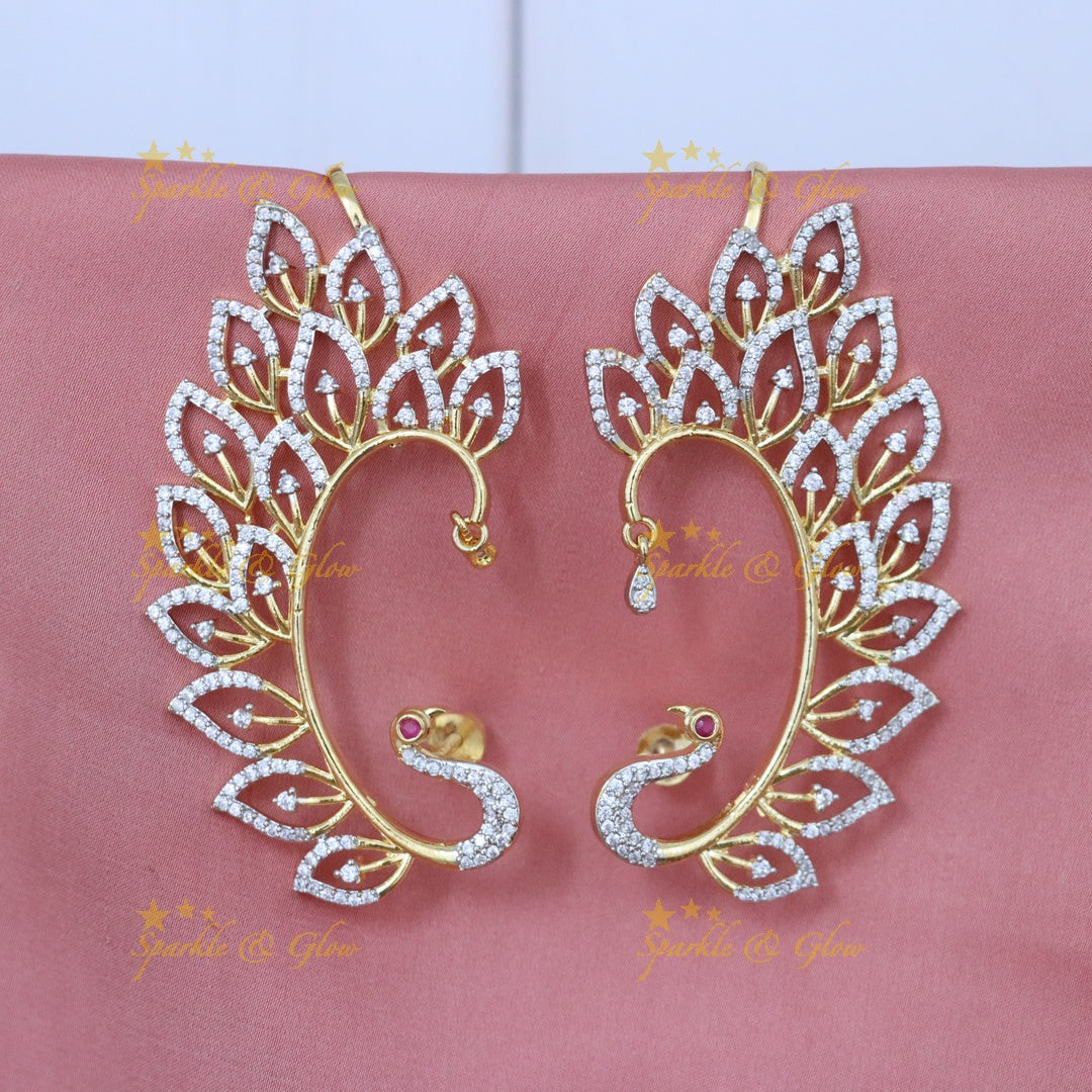 Sparkling Diamond Peacock Earcuffs - Indian Elegance