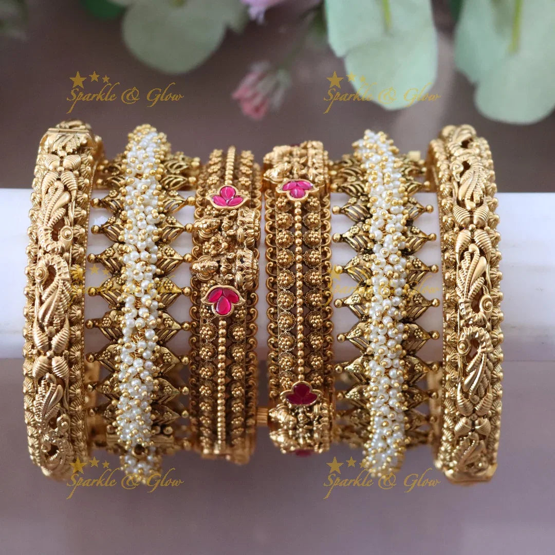 Gold Plated Bridal Bangle Set with Floral Design