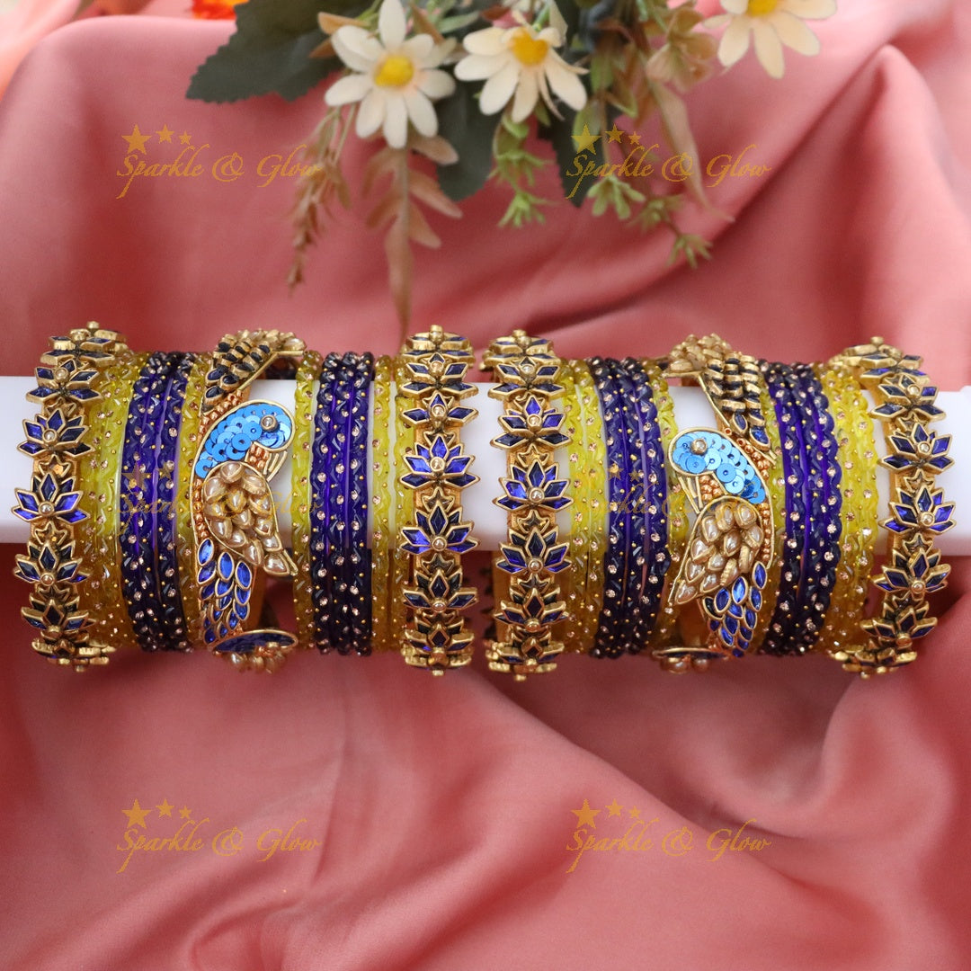 Exquisite Blue Peacock Wedding Bangle Set - Sparkle & Glow TWO HANDS