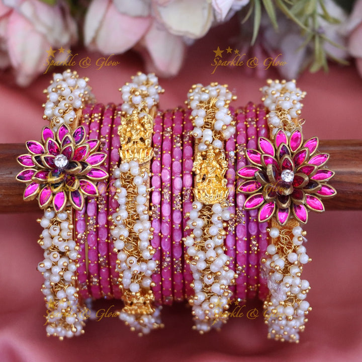 Exquisite Pink & Gold Pearl Bangles Set - Festive Elegance - ONE HAND