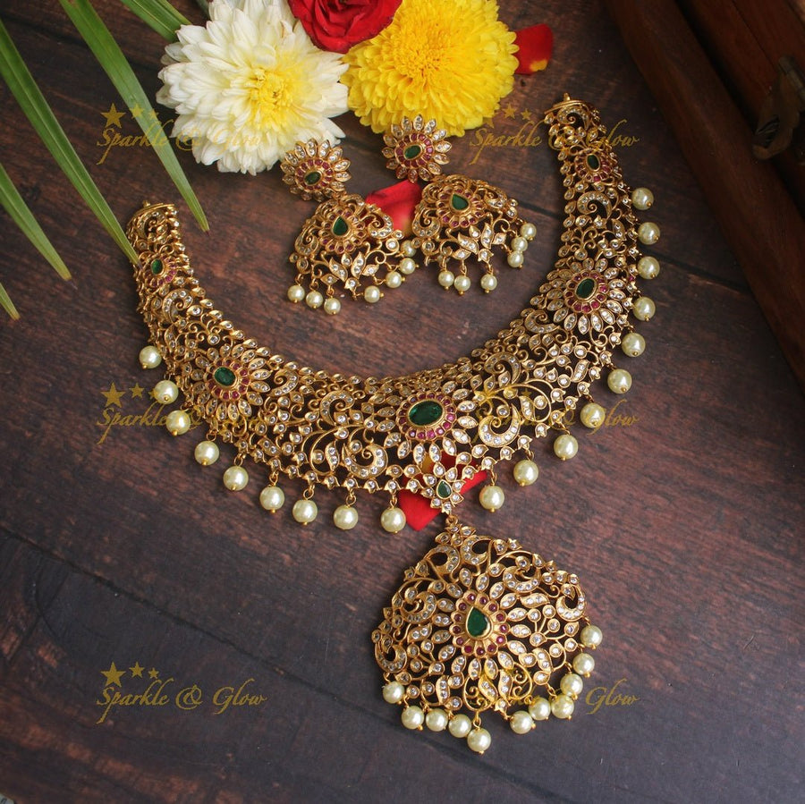 Premium matte Ad intricate necklace - Sparkle and Glow - Multi - Pearl - Back Thread
