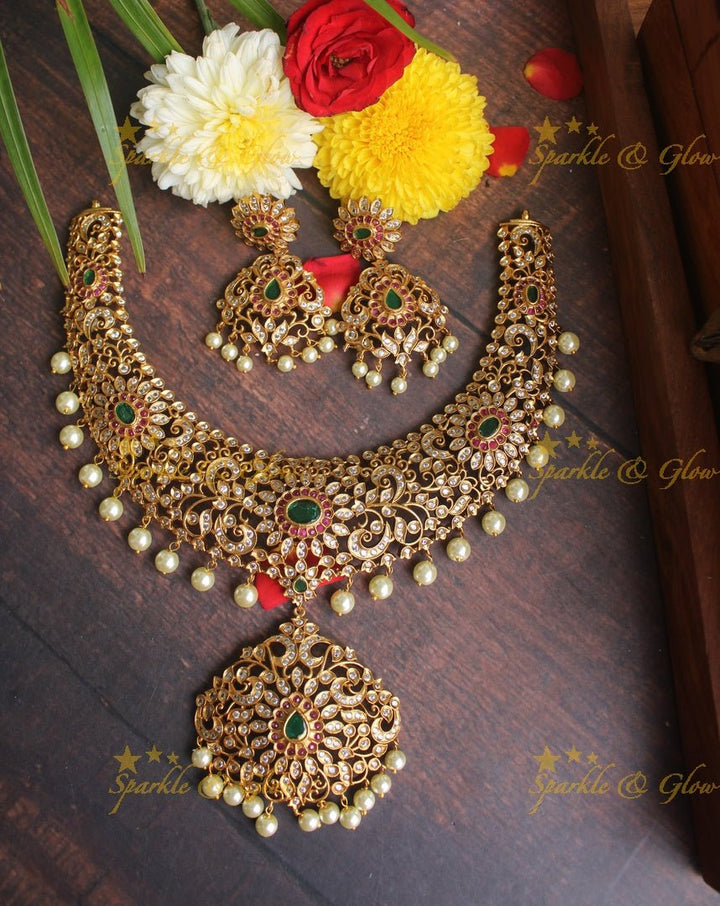 Premium matte Ad intricate necklace - Sparkle and Glow - Multi - Green - Back Thread