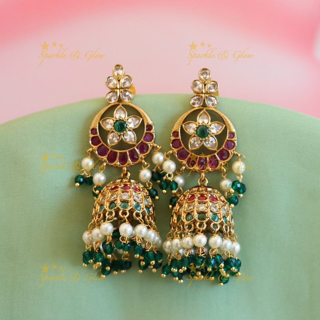 Exquisite Gold Green Jhumka Earrings