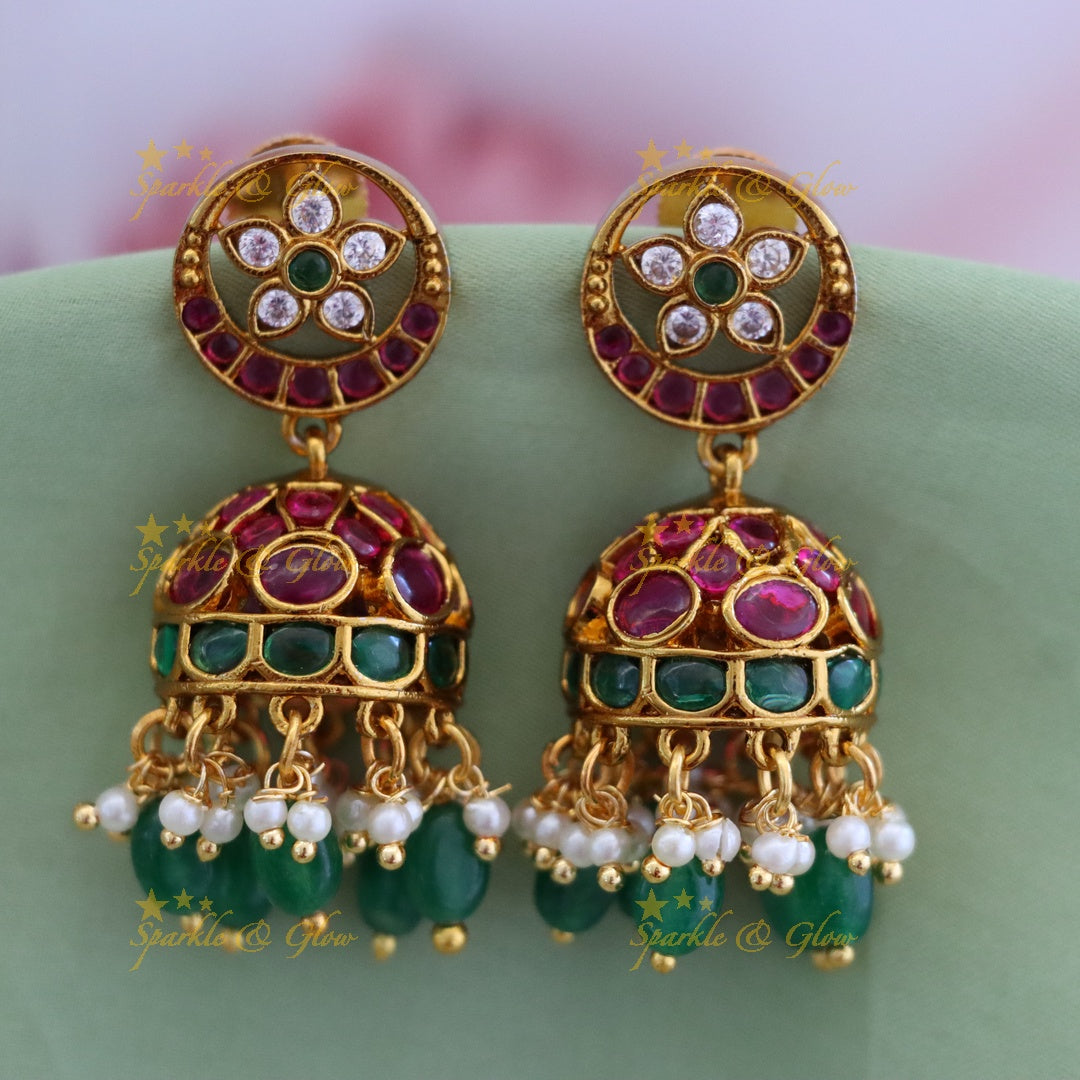 Elegant Gold Jhumkas with Gemstones for Weddings