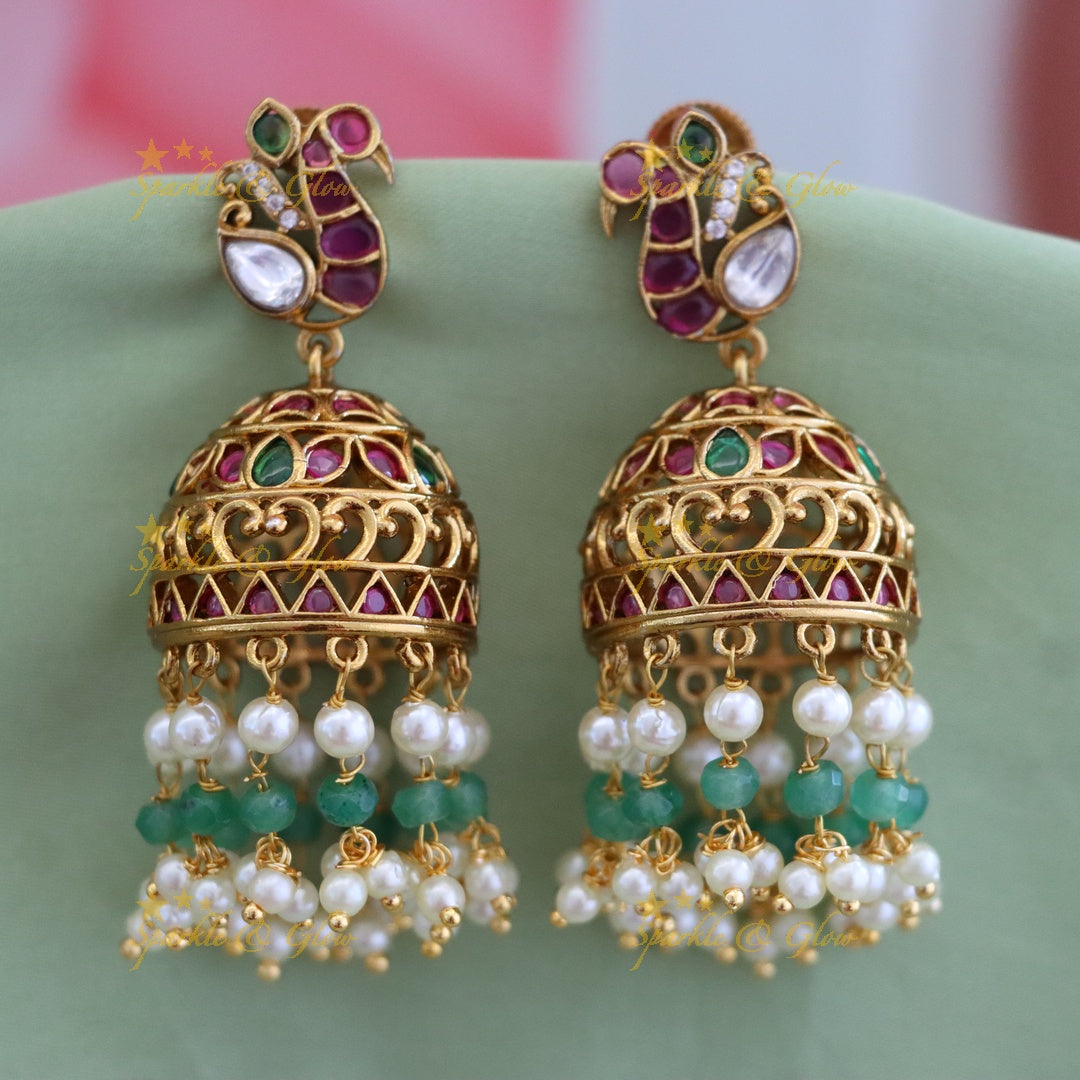 Luxurious Gold Jhumka Earrings with Pearls & Gems