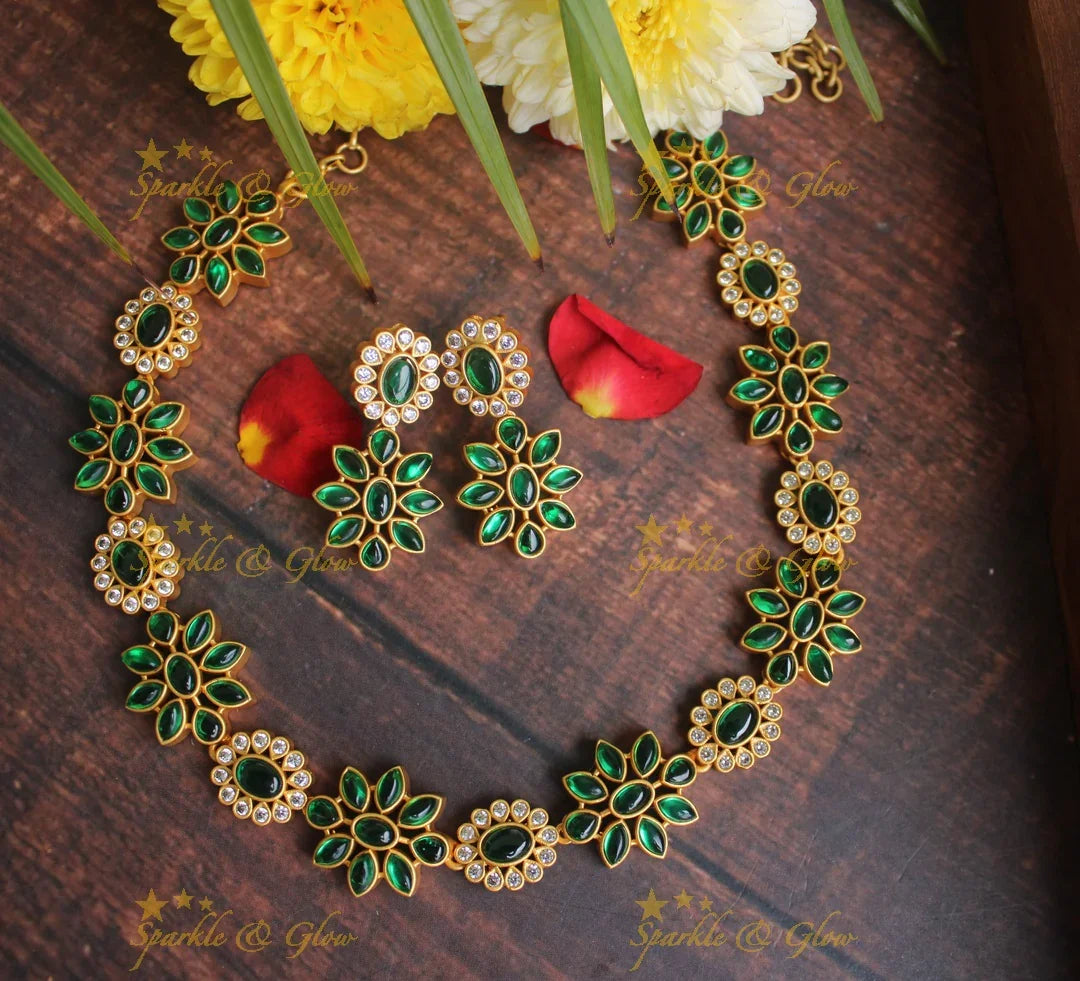 Premium Matte stone floral necklace - Green - Sparkle and Glow