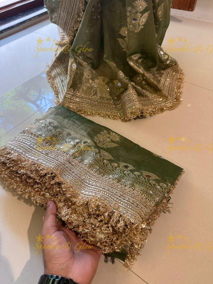 Enchanting Green Banarasi Tissue Saree for Celebrations