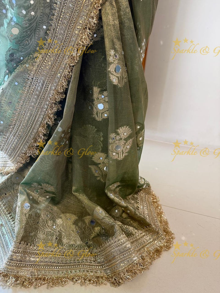 Enchanting Green Banarasi Tissue Saree for Celebrations