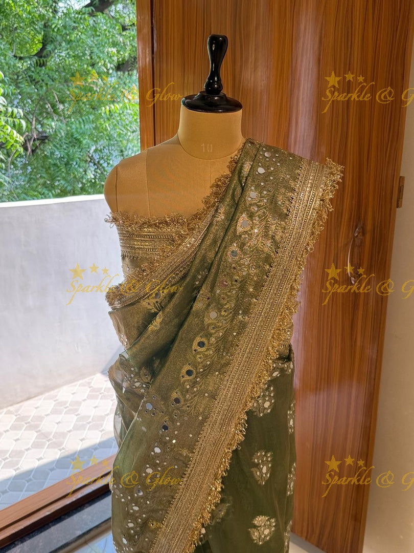 Enchanting Green Banarasi Tissue Saree for Celebrations