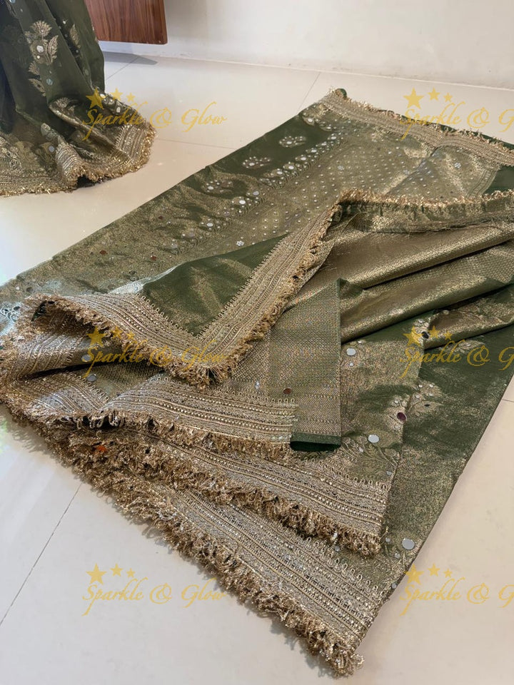 Enchanting Green Banarasi Tissue Saree for Celebrations
