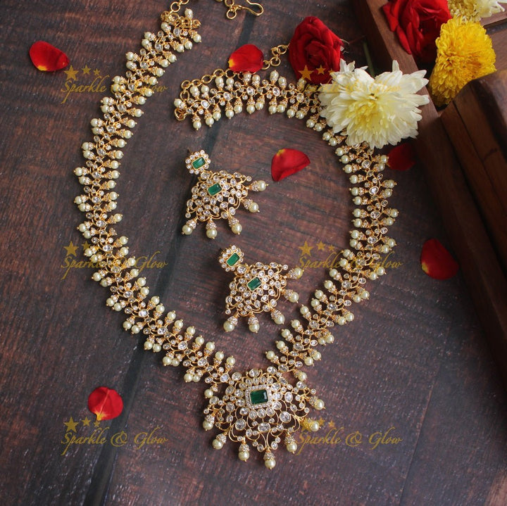 Statement intricate cut work ad long necklace - Green - Sparkle and Glow - Green - Back Thread