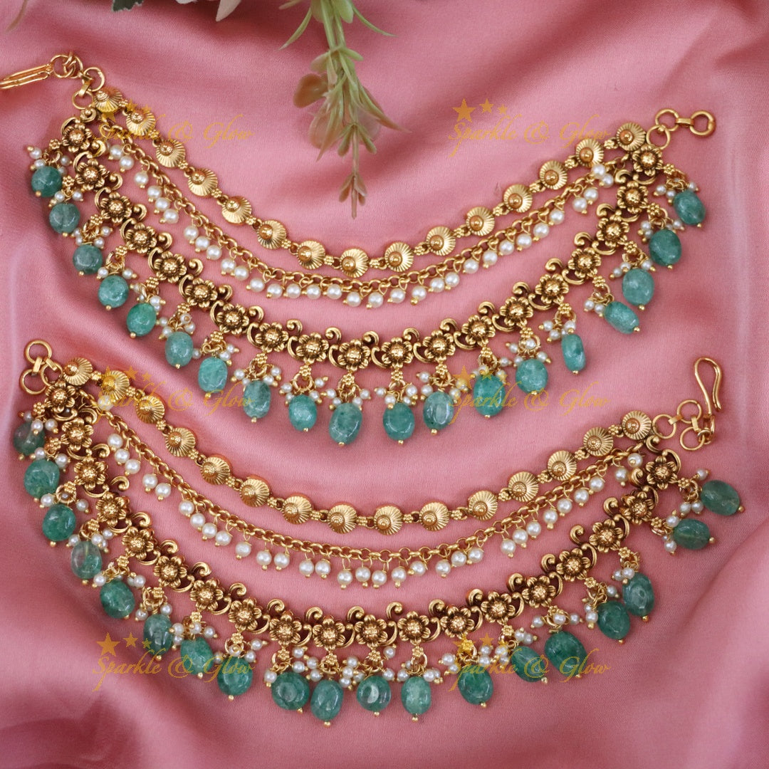 Exquisite Festive Gold Earchain with Green Beads