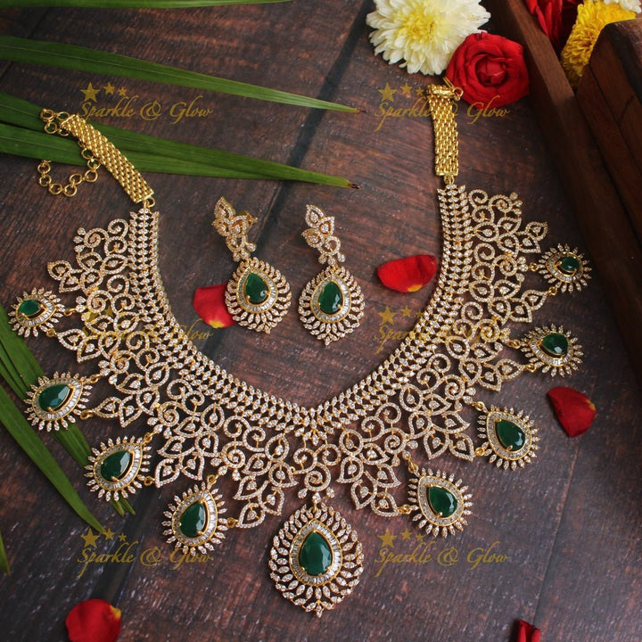 Exclusive American daimond intricate necklace - Gold Green - Sparkle and Glow - Gold Green - Back Thread