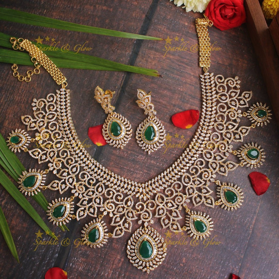 Exclusive American daimond intricate necklace - Gold Green - Sparkle and Glow - Gold Green - Back Thread