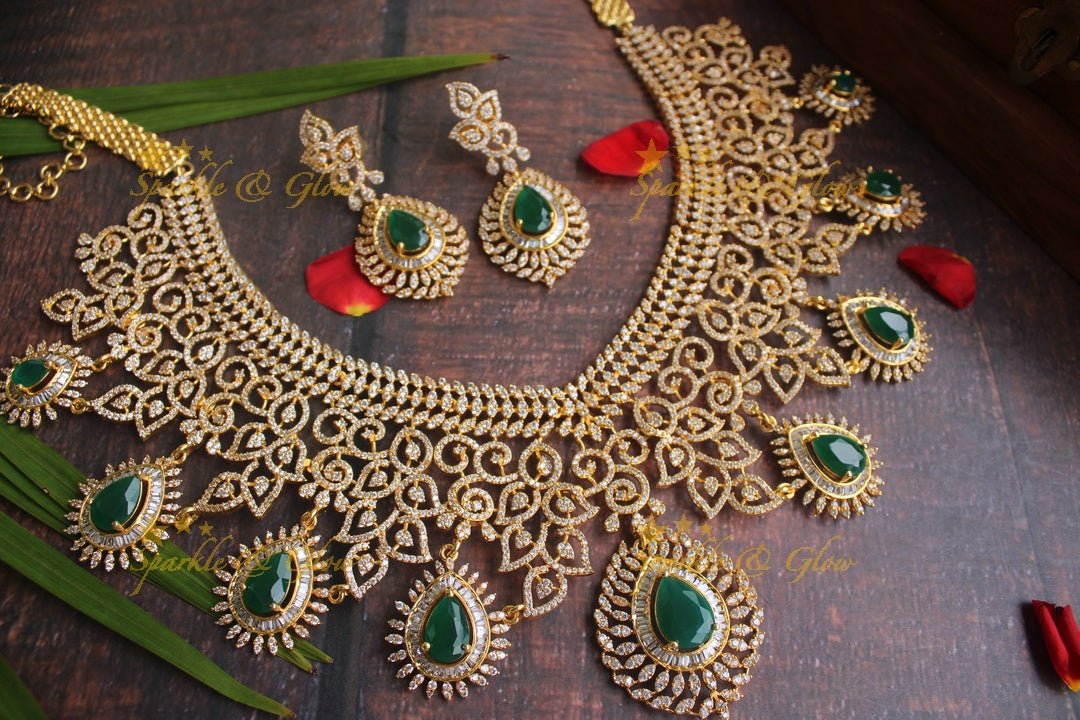 Exclusive American daimond intricate necklace - Gold Green - Sparkle and Glow - Gold Green - Back Thread