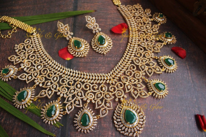 Exclusive American daimond intricate necklace - Gold Green - Sparkle and Glow - Gold Green - Back Thread