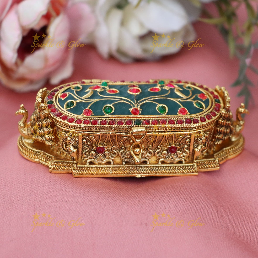 Elegant Peacock Kumkum Box - Festive Gold Design