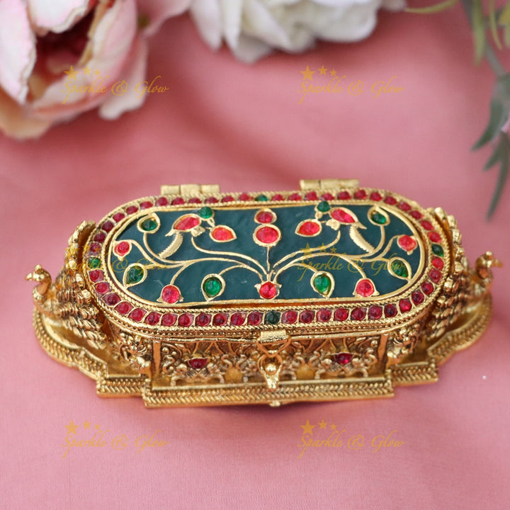Elegant Peacock Kumkum Box - Festive Gold Design