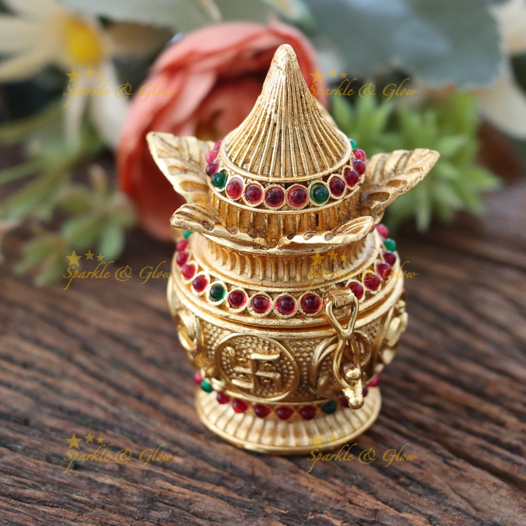Ornate Gold Kumkum Box with Coconut Leaf Design