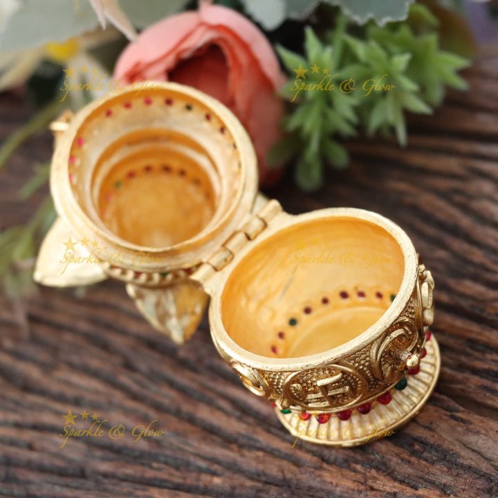 Ornate Gold Kumkum Box with Coconut Leaf Design