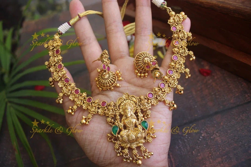 Intricate Lakshmi design antique short necklace - Sparkle and Glow