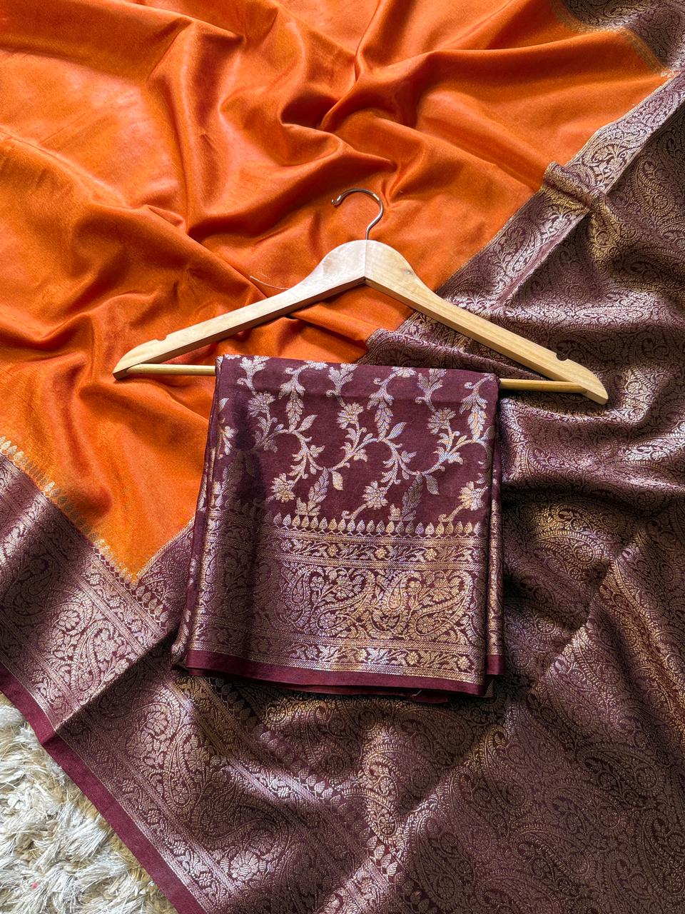 Luxurious Banarasi Silk Saree in Orange & Brown