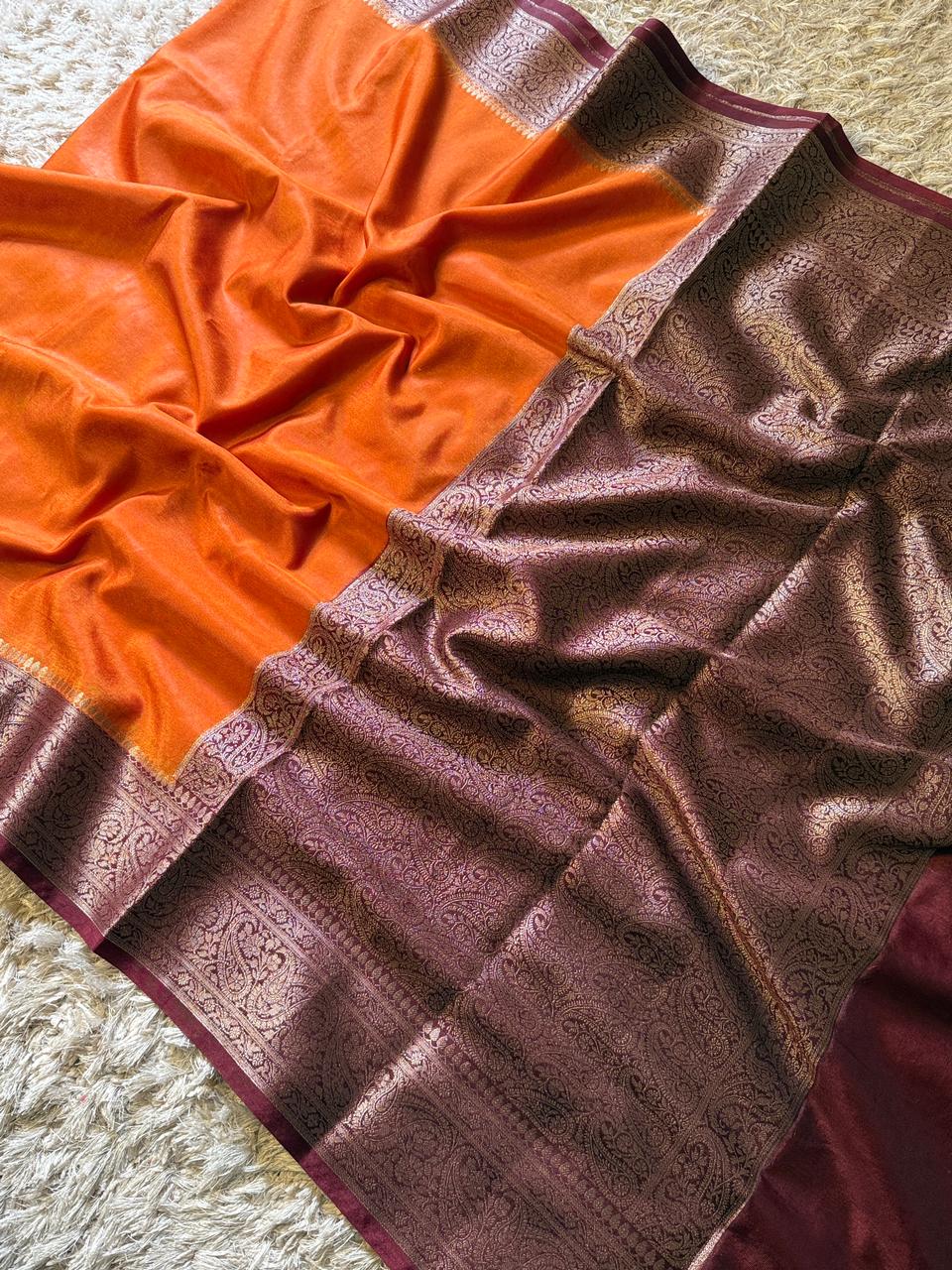Luxurious Banarasi Silk Saree in Orange & Brown