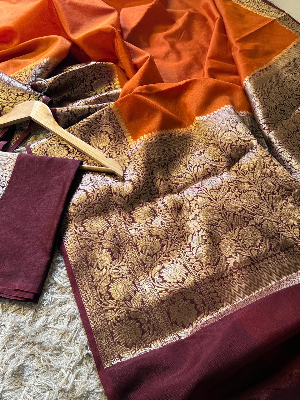 Luxurious Banarasi Silk Saree in Orange & Brown