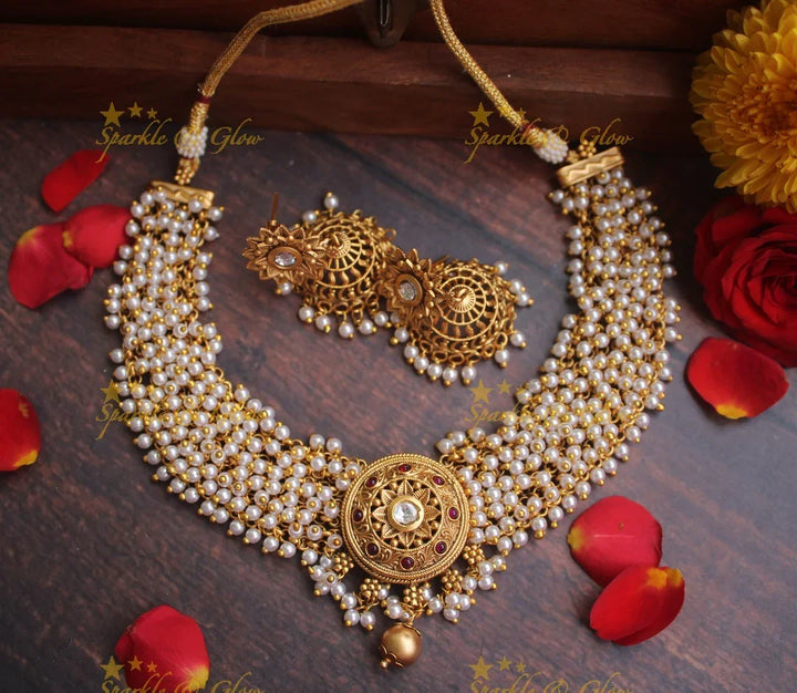 Premium matte pearl cluster floral pendent necklace - Multi - Sparkle and Glow