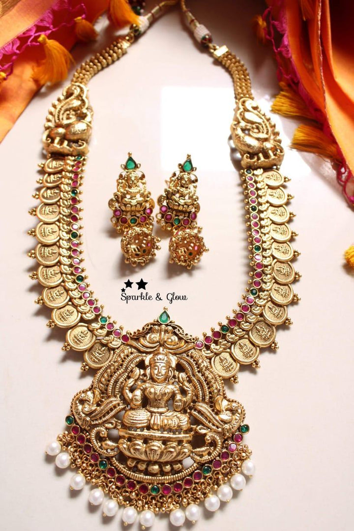 Gold like coin lakshmi haram with kemp stones - Sparkle and Glow