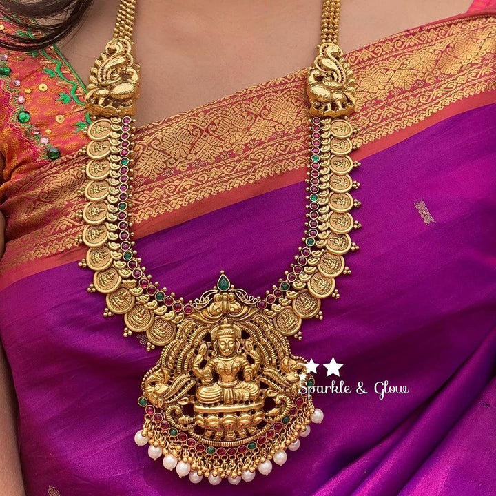 Gold like coin lakshmi haram with kemp stones - Sparkle and Glow