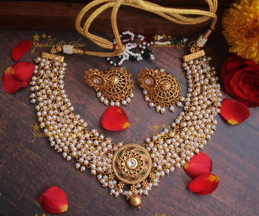 Premium matte pearl cluster floral pendent necklace - Multi - Sparkle and Glow