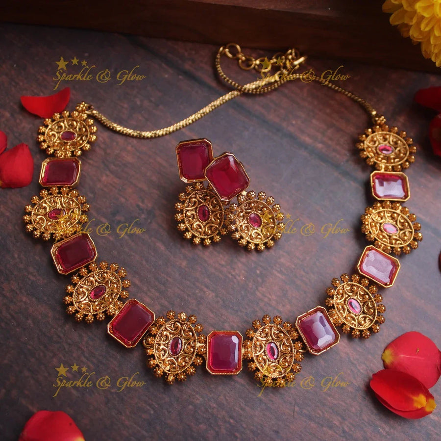 Intricate statement gold alike stone short necklace - Pink - Sparkle and Glow