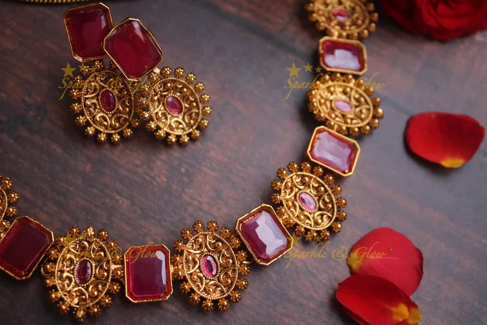 Intricate statement gold alike stone short necklace - Pink - Sparkle and Glow