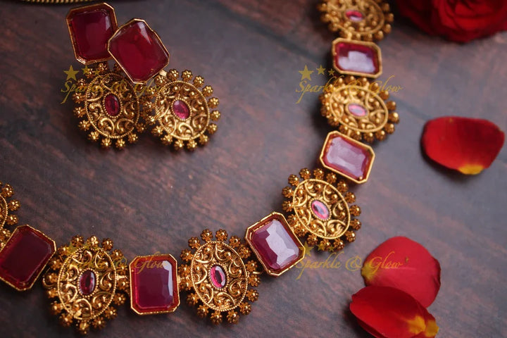 Intricate statement gold alike stone short necklace - Pink - Sparkle and Glow
