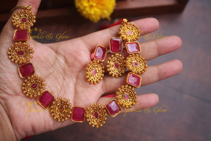 Intricate statement gold alike stone short necklace - Pink - Sparkle and Glow